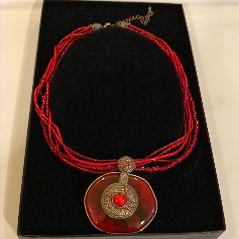 Vintage Beaded Red Necklace & Precious Red Stone Pendant